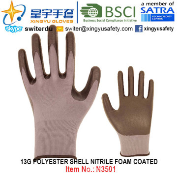 13G Polyester Shell Nitrile Foam Coated Gloves (N3501) with CE, En388, En420, Work Gloves